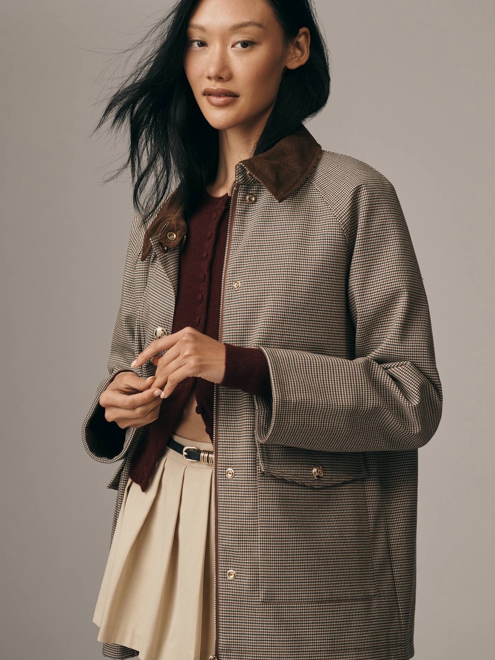 Anthropologie Houndstooth Trench Coat with Brown Corduroy Collar